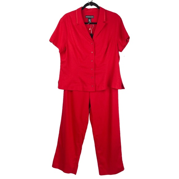 NWT Vtg Red Linen Set Button Down Wide Leg Crop Pants - Picture 1 of 12